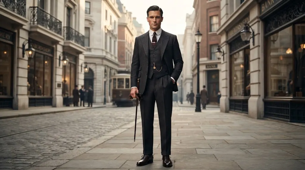 1920s gentleman with side-parted hair and a three-piece suit