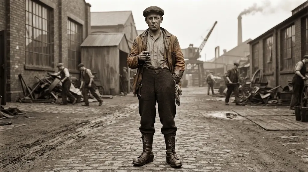 Sturdy leather boots worn by a 1920s working man
