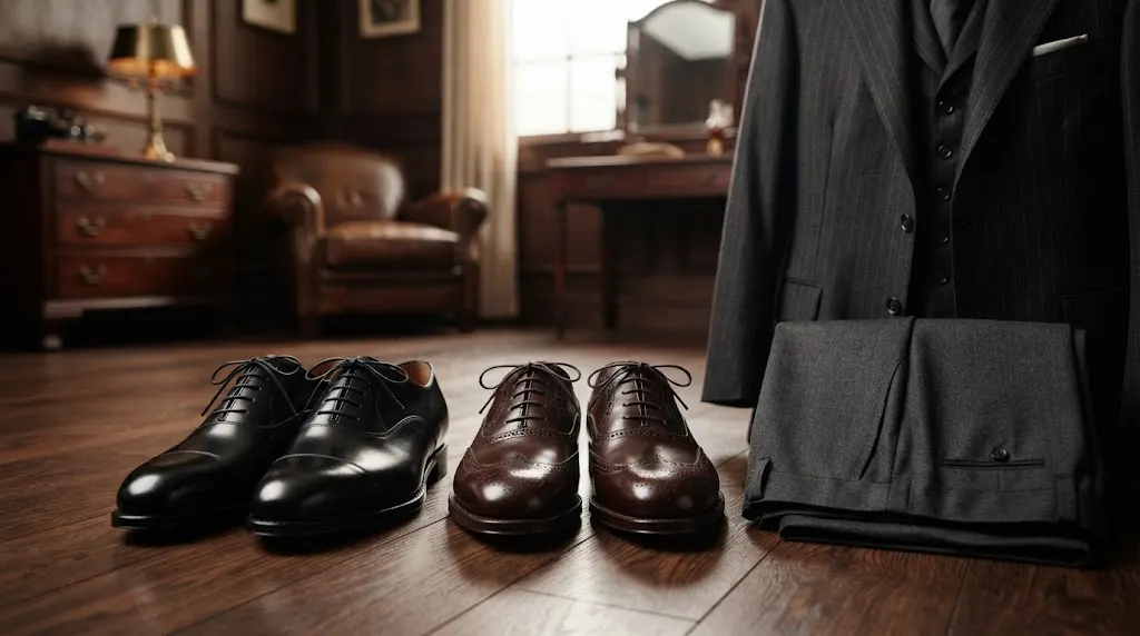 Polished leather dress shoes worn by men in the 1920s
