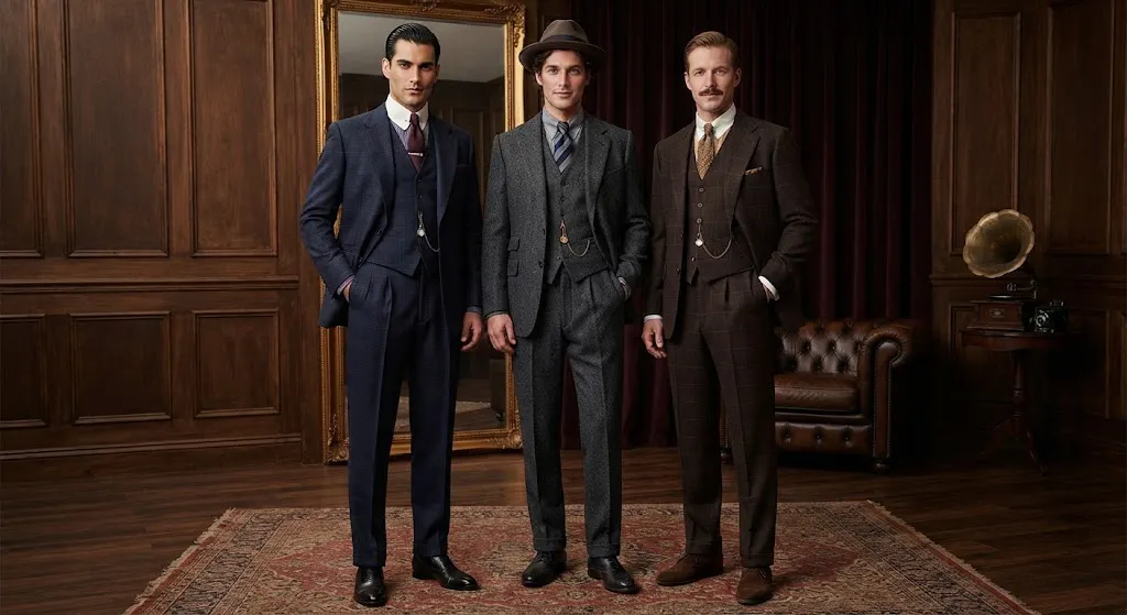 Men wearing classic three-piece suits from 1920s men's fashion