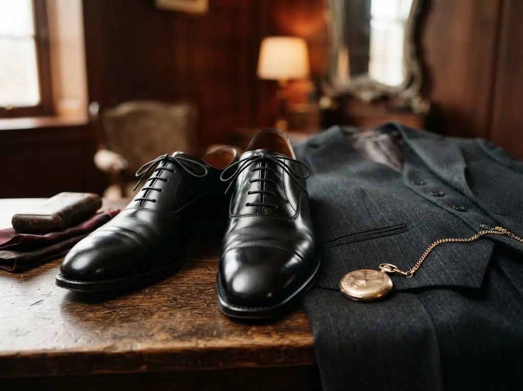 Black leather Oxford shoes in classic 1920s style