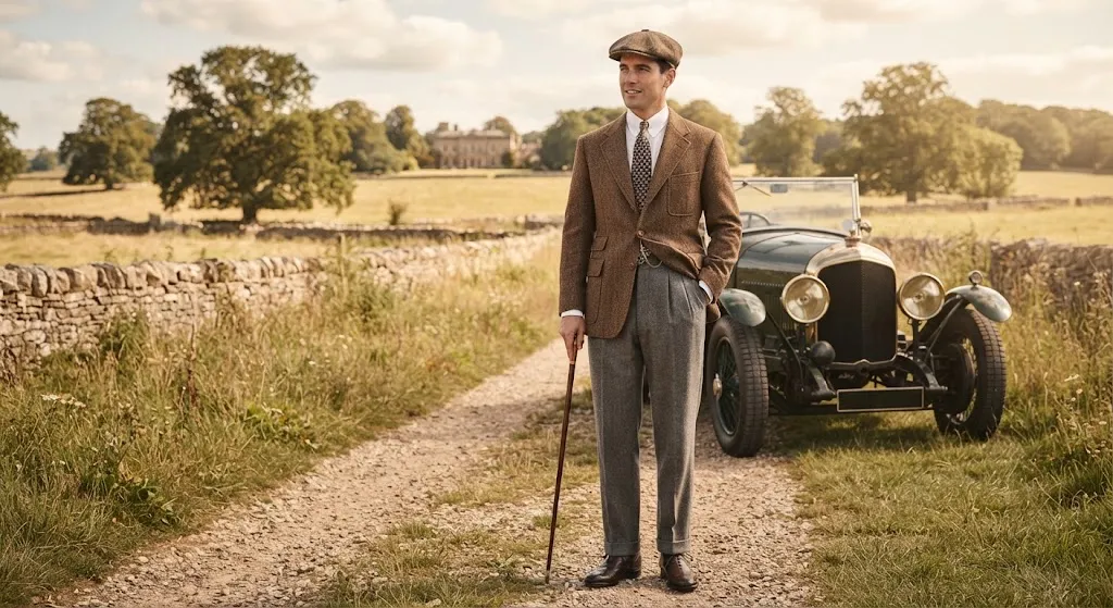 1920s man wearing a tweed sports jacket with casual trousers