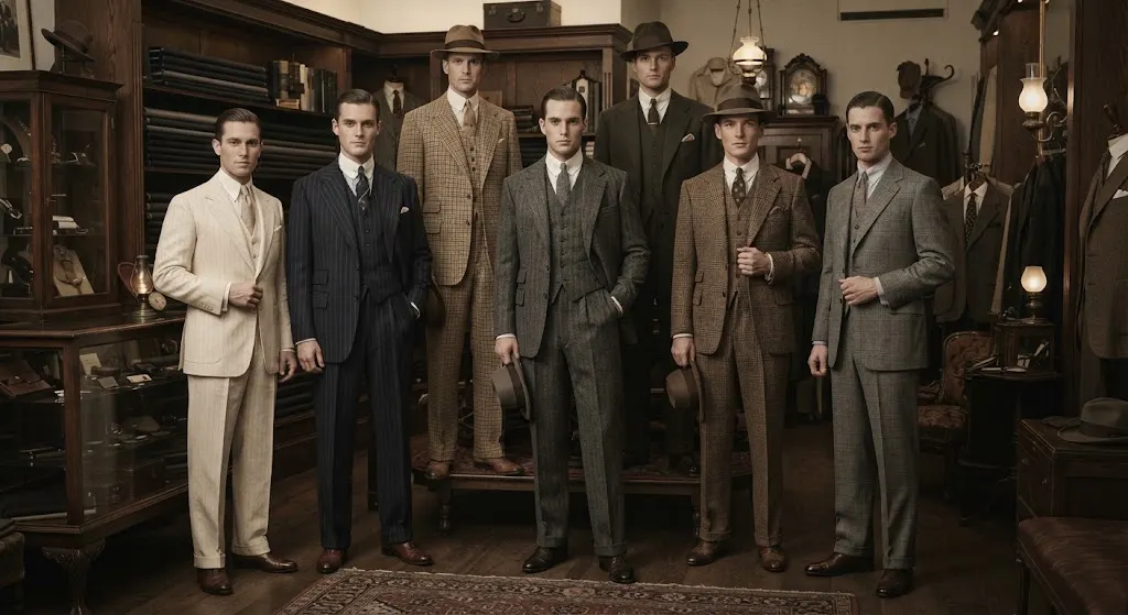 1920s men's suits in navy gray brown tan and cream