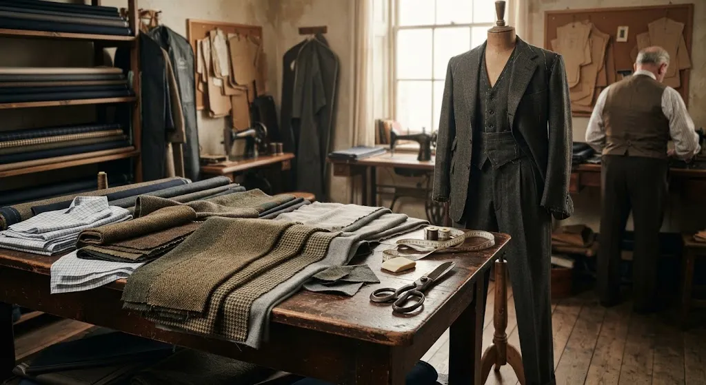 Wool tweed flannel and linen fabrics used for 1920s suits
