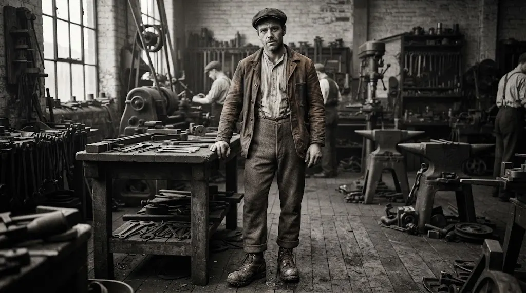 Sturdy leather work shoes worn by a 1920s worker