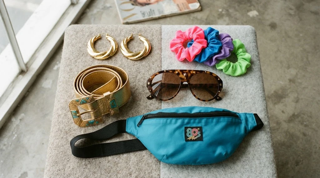80s inspired fashion accessories including earrings sunglasses and belt