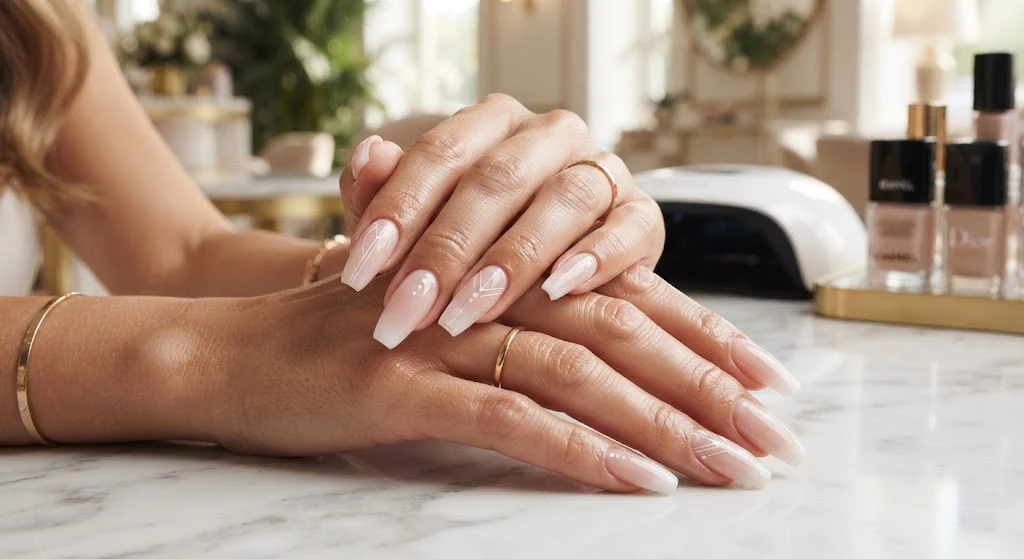 Long coffin-shaped acrylic nail extensions with a glossy finish