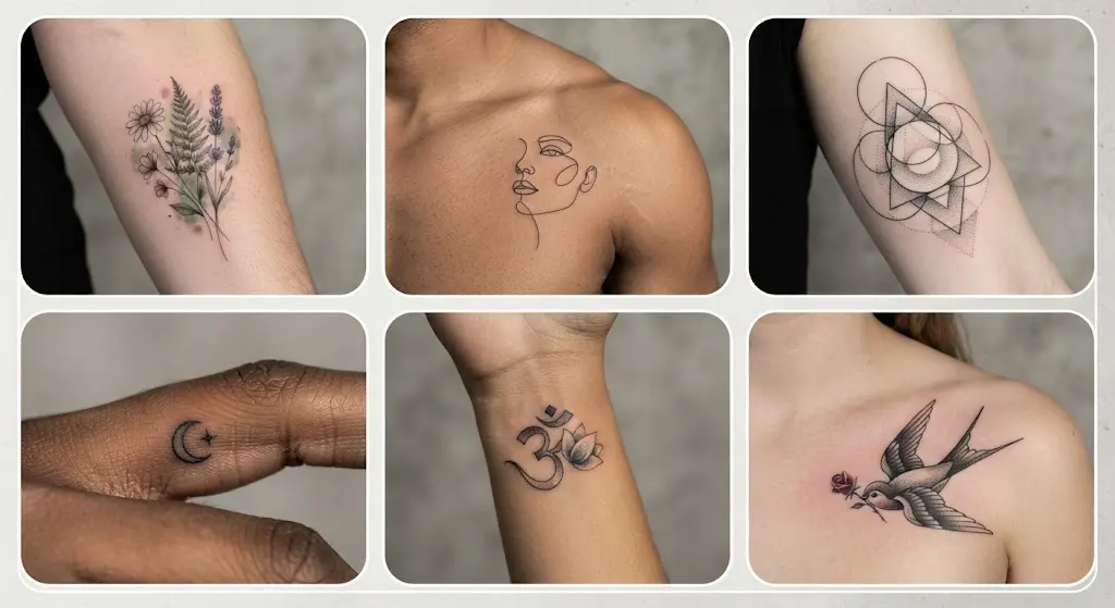 Aesthetic tattoo styles including floral line art and micro tattoos