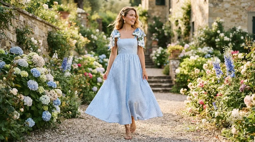 Baby blue gingham Alden maxi dress with floral straps
