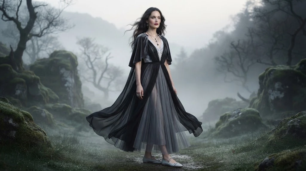 Ambient goth wearing flowing layered clothing in soft dark tones