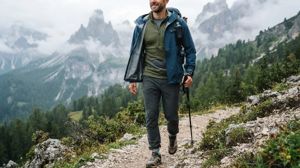 Male hiker wearing base and mid layers for changing temperatures