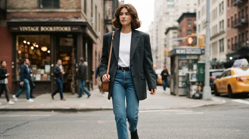 Oversized blazer with tee and high waisted jeans