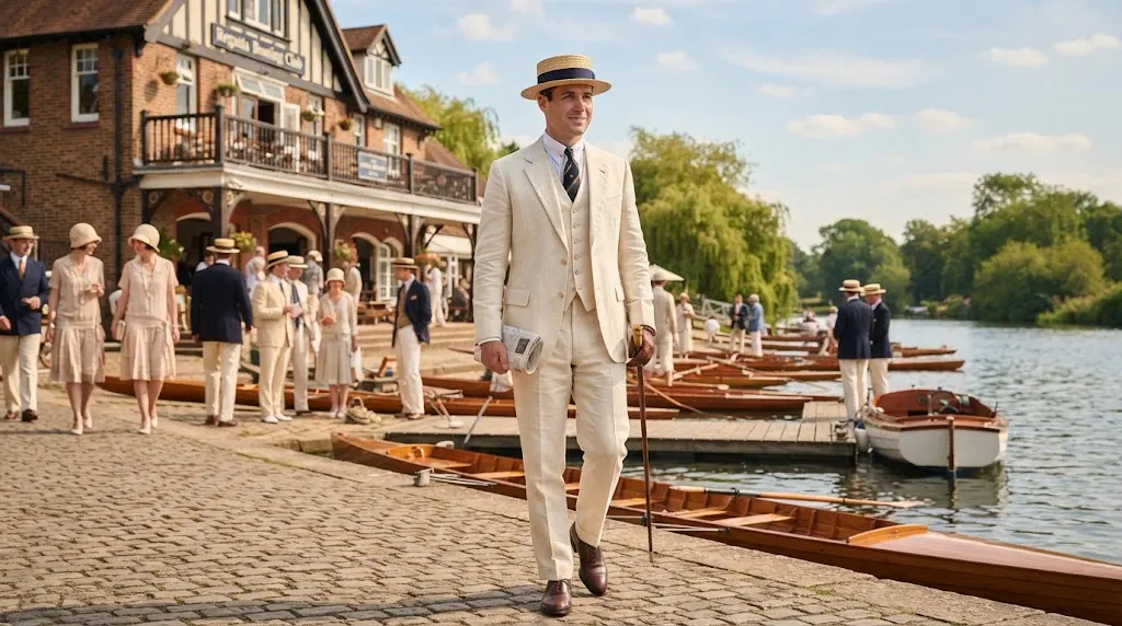 1920s gentleman wearing a traditional straw boater hat