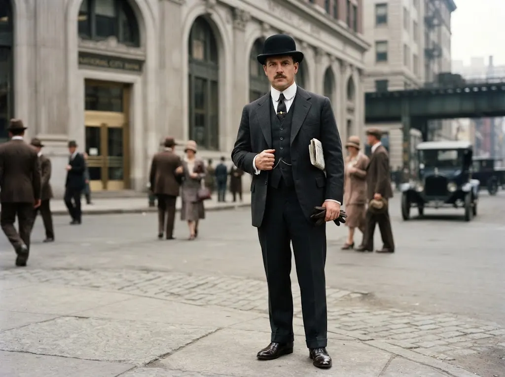 1920s businessman wearing a traditional black bowler hat