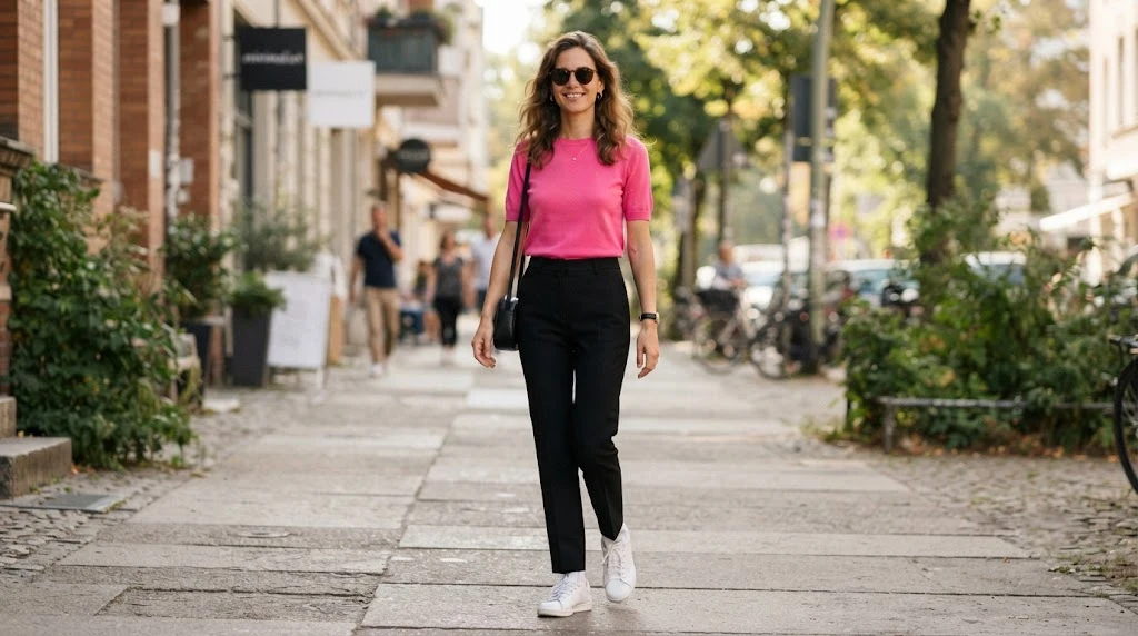 Bright top with black bottoms inspired by 80s fashion