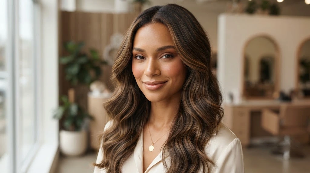Bronze highlights on dark warm brown hair