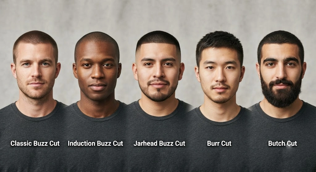 Classic buzz cut, induction cut, jarhead, burr, and butch buzz cut styles
