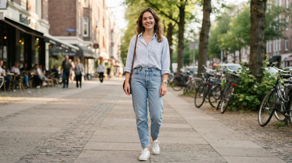 Button down shirt and light wash jeans 80s outfit
