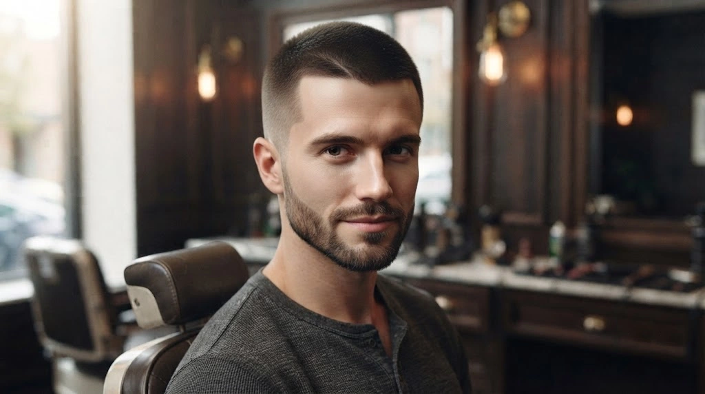 Short buzz cut with subtle taper for an oblong face