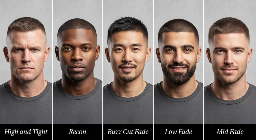 High and tight, buzz cut fade, low fade, and mid fade hairstyles