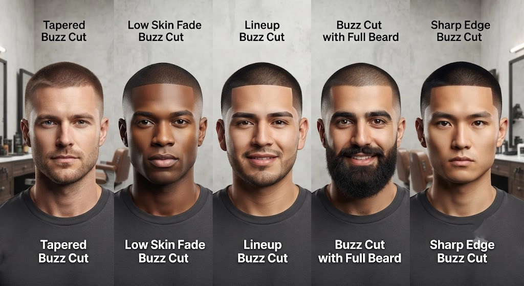 Tapered buzz cut, lineup, low skin fade, and beard styles