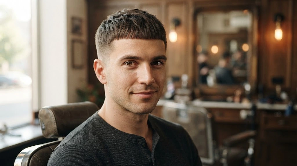 Caesar haircut with short fringe for an oblong face