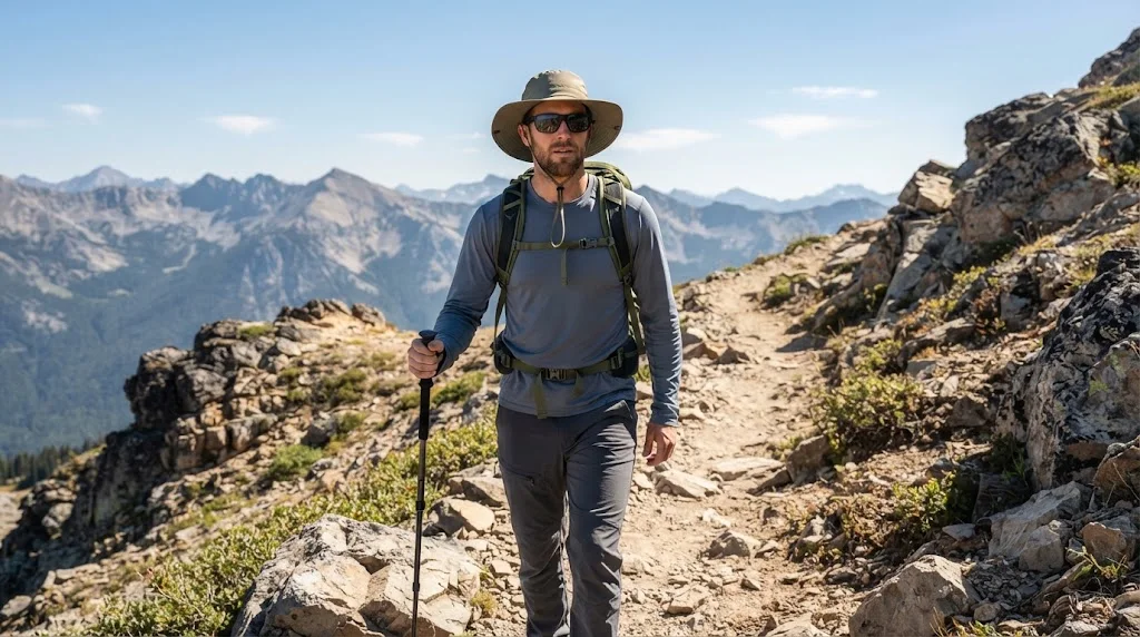 Hiker wearing a wide-brim hat and sunglasses on a sunny trail
