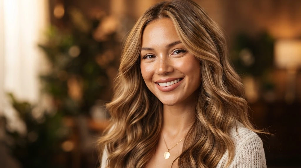 Caramel blonde hair with warm golden tones
