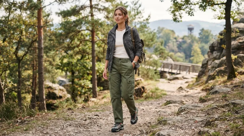 Olive cargo trousers with multiple practical side pockets