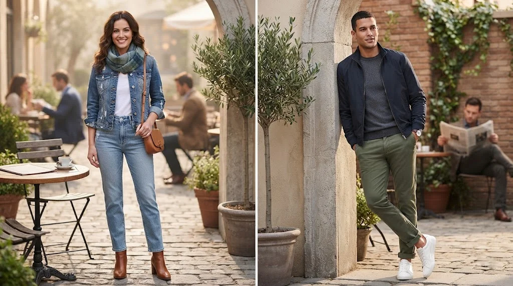 Casual women’s and men’s outfits for 60-degree weather