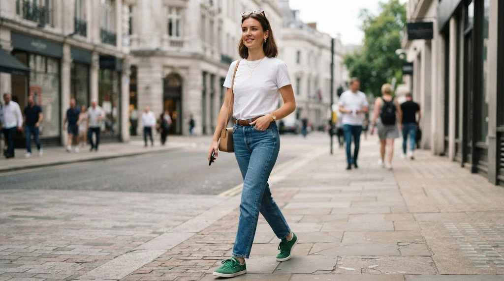 Casual three-color outfit with white shirt blue jeans and green sneakers