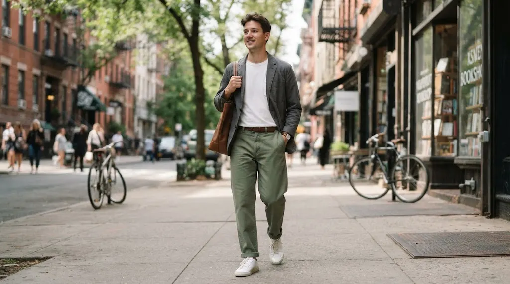 Relaxed casual trousers styled with a t-shirt and sneakers