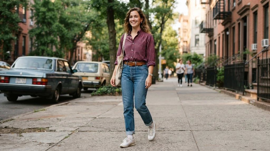 Checked shirt high waist jeans and belt outfit