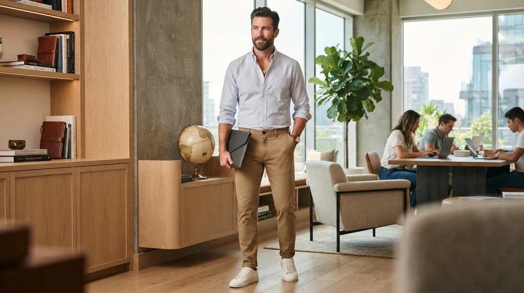 Man wearing comfortable structured chino pants