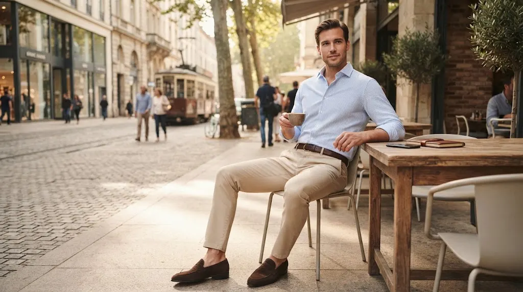 Beige chinos styled with a button-down shirt and leather loafers