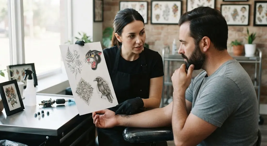 Tattoo artist helping a client choose a tattoo style and placement