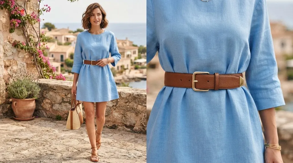 Brown Classic belt with gold hardware styled with a dress