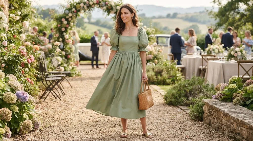Sage green Clo puff sleeve midi dress with pockets