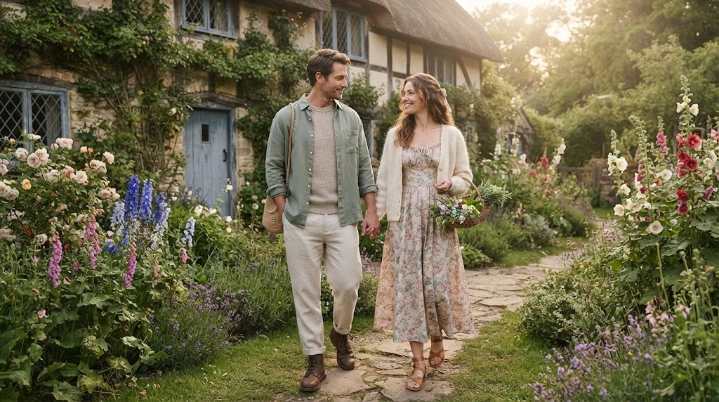 Cottagecore clothing style with soft colors and natural fabrics