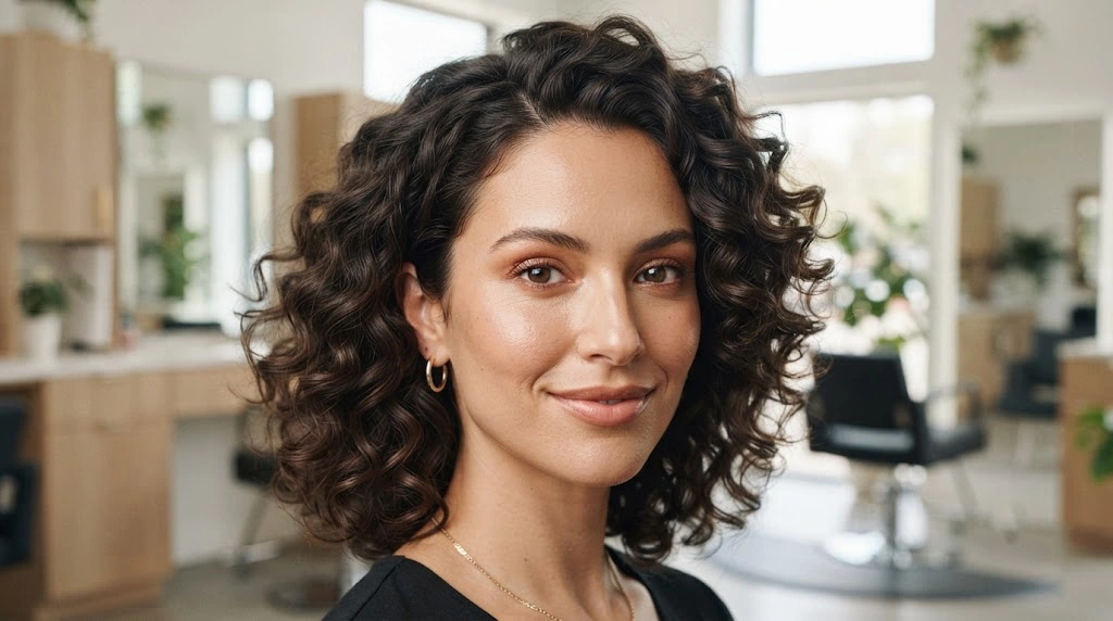 Rounded curly haircut with side volume for an oblong face