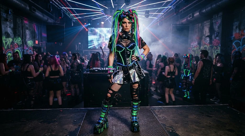 Cybergoth fashion with neon colors cyberlocks and futuristic accessories