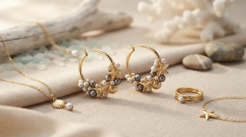 Gold Cypress earrings with pearl shell and starfish charms
