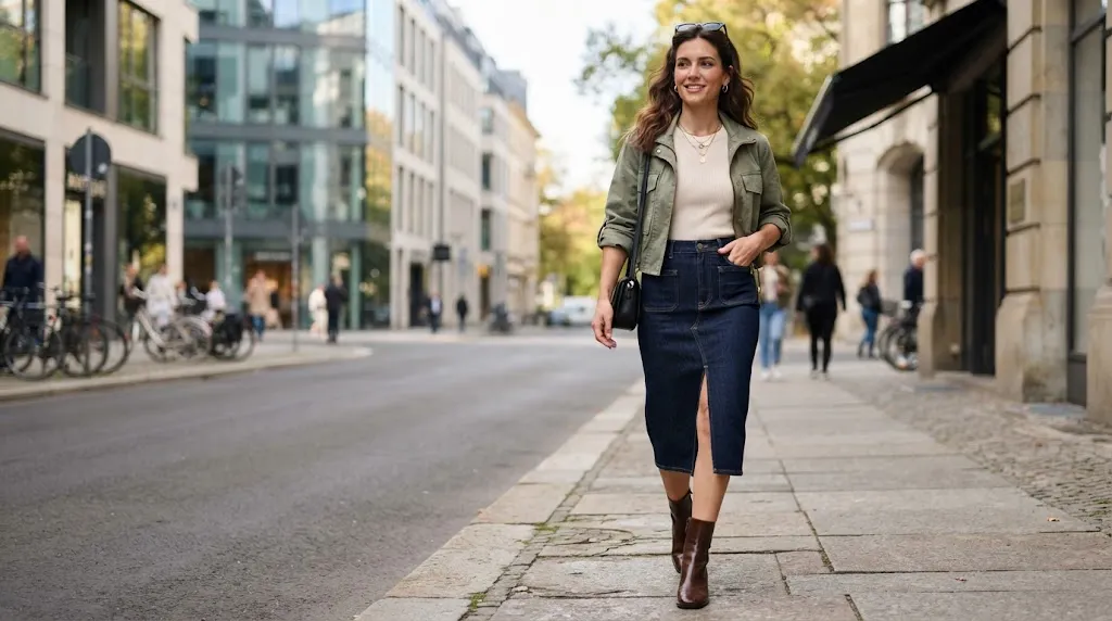 Dark wash Dana denim midi skirt with front split