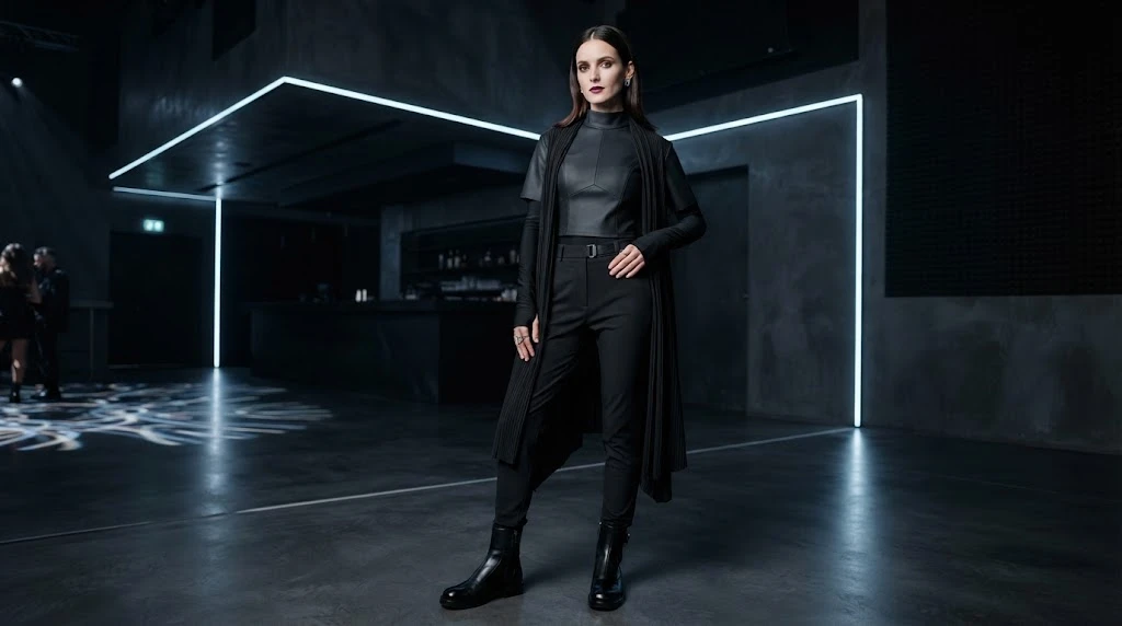 Minimal monochrome darkwave goth outfit with sleek black clothing