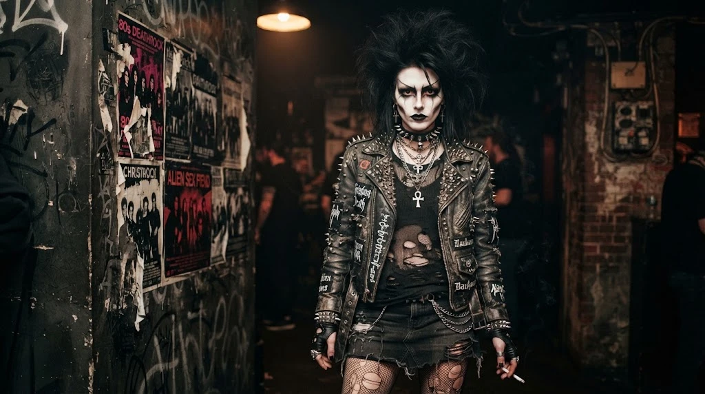 Deathrock goth wearing studded leather and skull-inspired makeup
