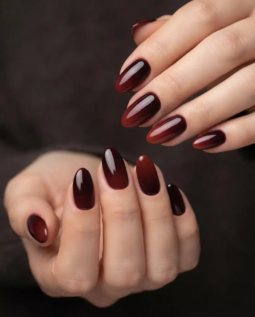Deep wine to burgundy ombre nails