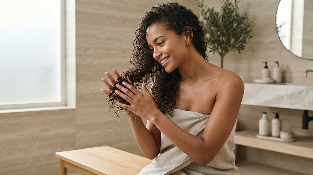 Woman scrunching damp hair to define natural curls