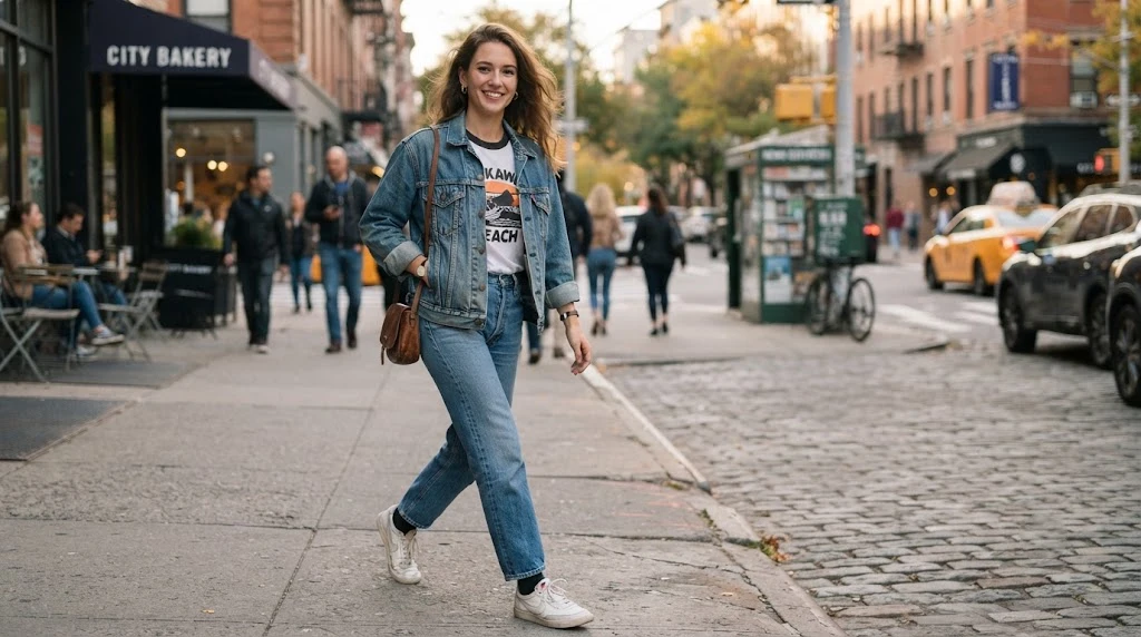 Denim jacket tee and jeans 80s inspired outfit