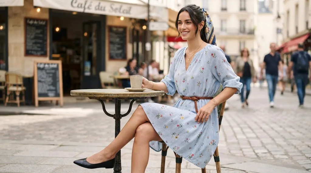 Blue floral stripe Doran mini dress styled casually