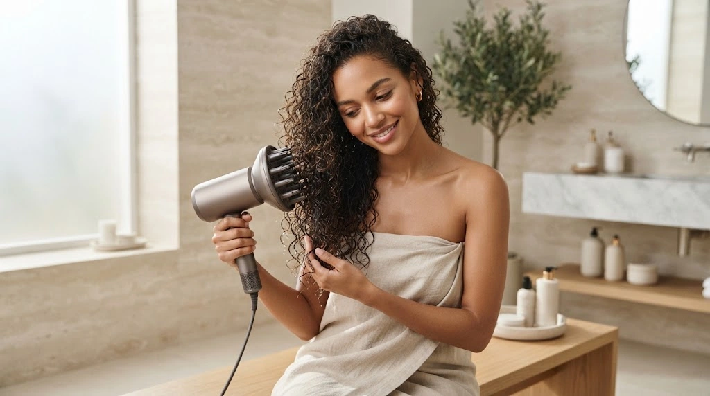 Woman drying curly hair with a diffuser